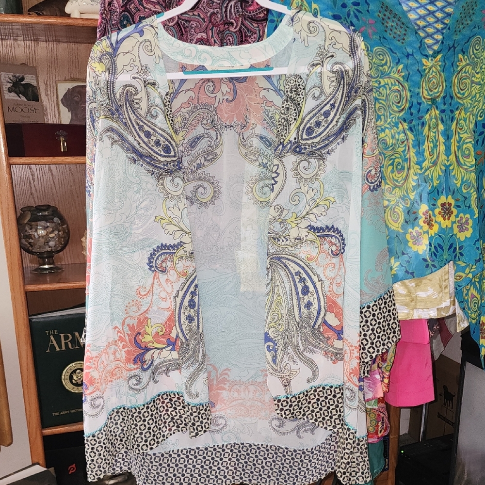 Soft Surroundings Multicolor Paisley Sheer Open Front Blouse Cardigan Cover